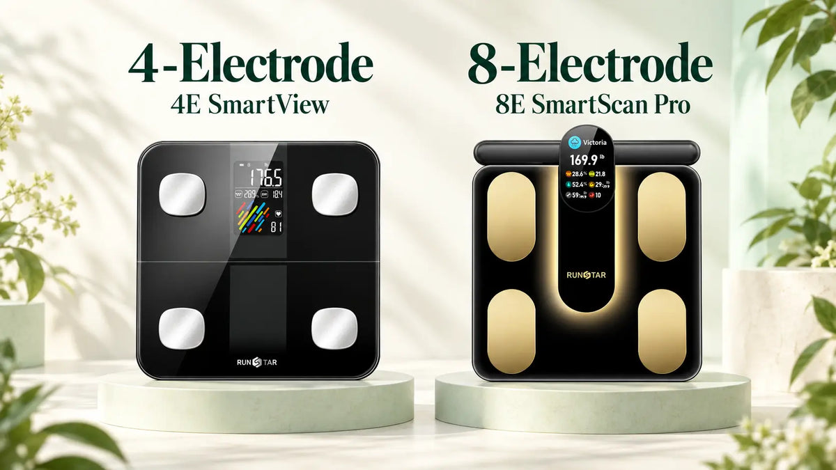 Comparison of 4-electrode and 8-electrode smart scales with foot and hand contact points.