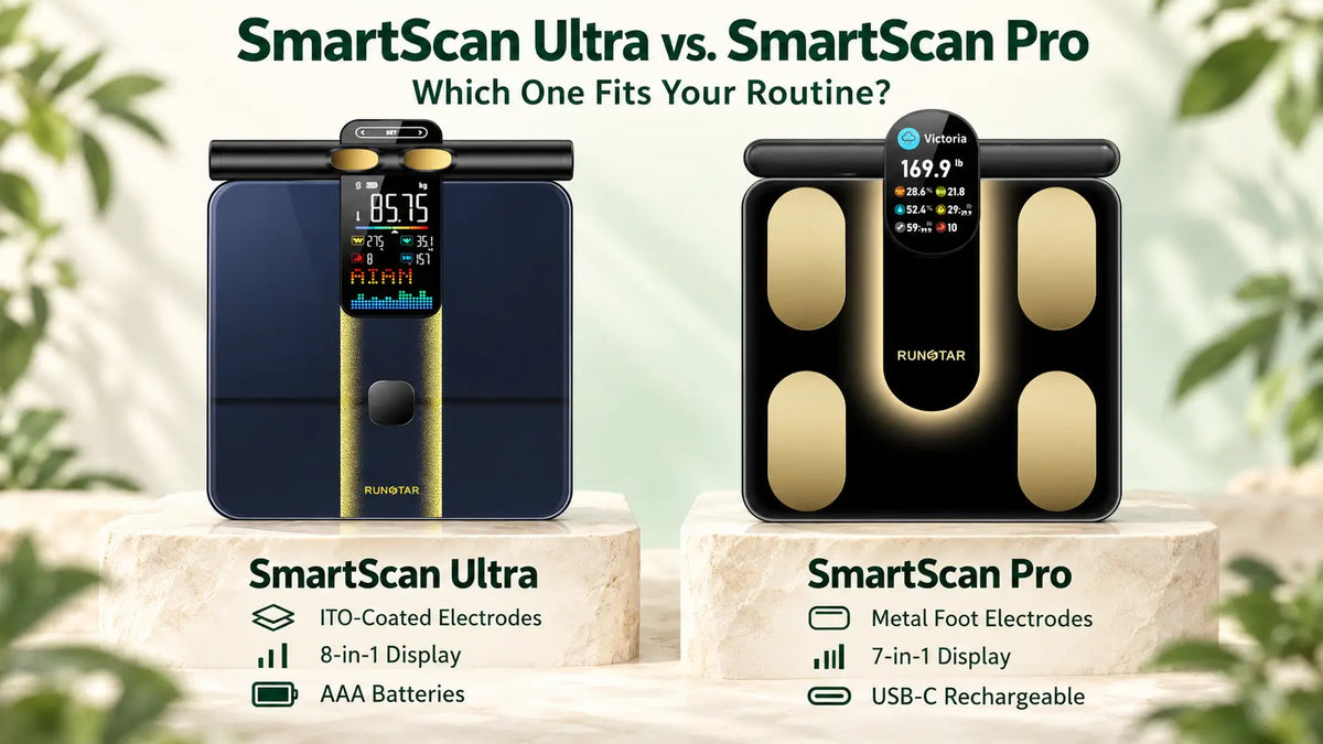 RunStar SmartScan Ultra and SmartScan Pro comparison showing electrode design, display, and power options.