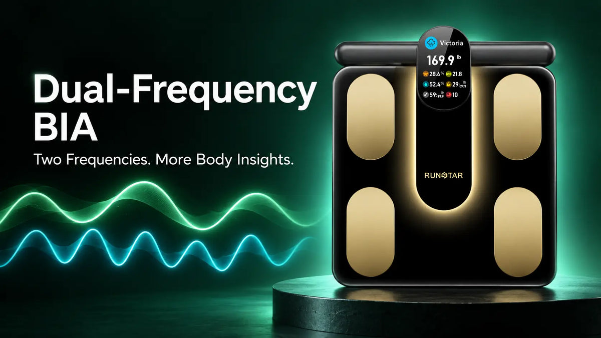 RunStar SmartScan Pro with dual-frequency BIA wave illustrations on a dark green background.