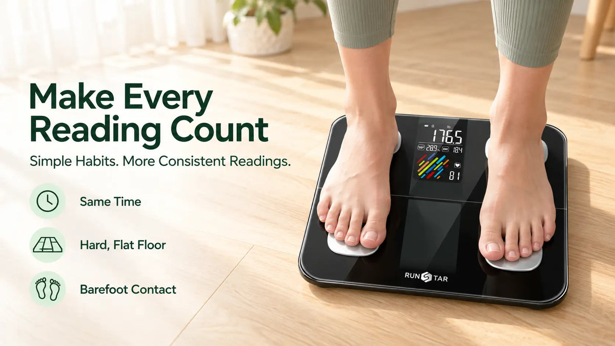 Person standing barefoot on a RunStar 4E SmartView scale on a hard, flat floor, with tips for consistent readings.