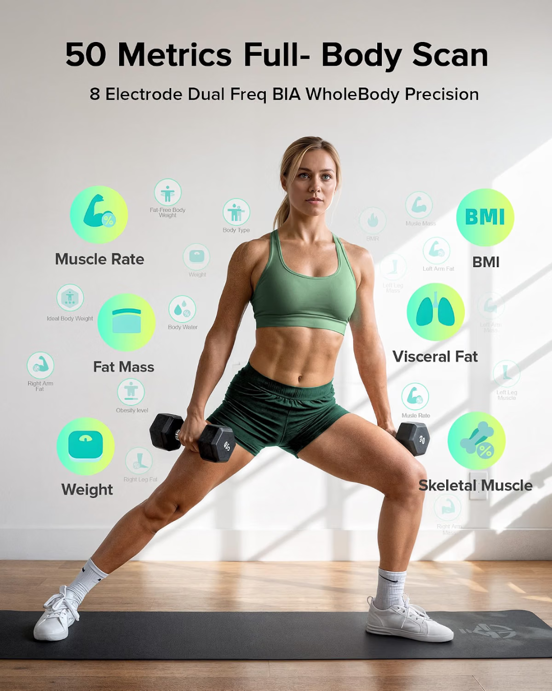 Woman exercising with fitness app icons and metrics displayed