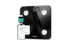 Black digital body fat scale with smartphone app interface